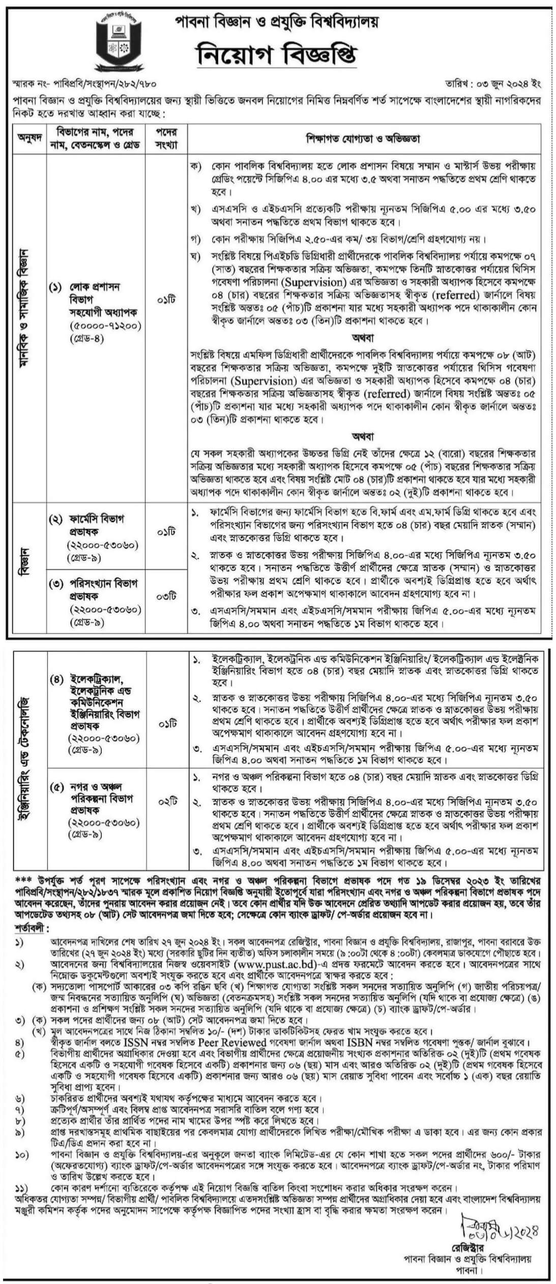 পাবনা বিজ্ঞান ও প্রযুক্তি বিশ্ববিদ্যালয় নিয়োগ